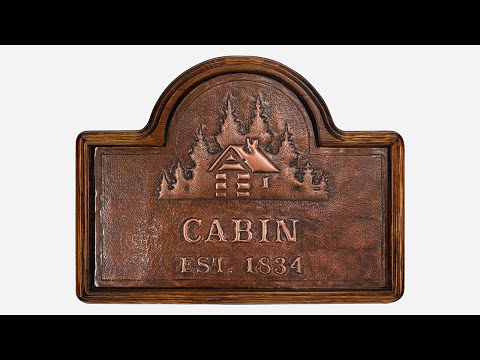 Copper Cabin Name Sign (Cabin and Pine Trees, Personalized, Brown Patina)