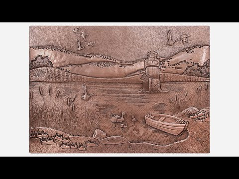 Copper Backsplash Panel (Lake, Mountains, Lighthouse, Boat and Ducks Landscape)