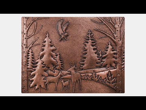 Copper Backsplash Panel (Eagle, Pine and Oak Trees and Deer Family Forest Landscape)