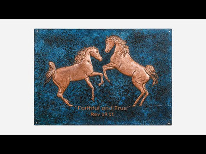 Copper Backsplash (Two Rearing Horses, Blue Patina)