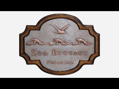 Copper Beach House Sign (Gull Bird and Waves, Personalized, Silver&Copper Color)