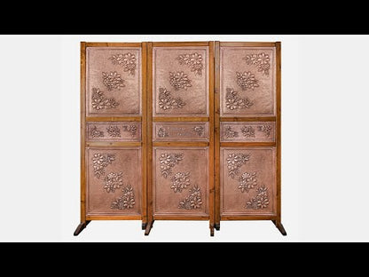 Copper Foldable 3 Panel Room Divider with Decorative Flowers