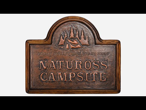 Copper Camping Sign (Tent and Pine Trees, Personalized, Brown Patina)