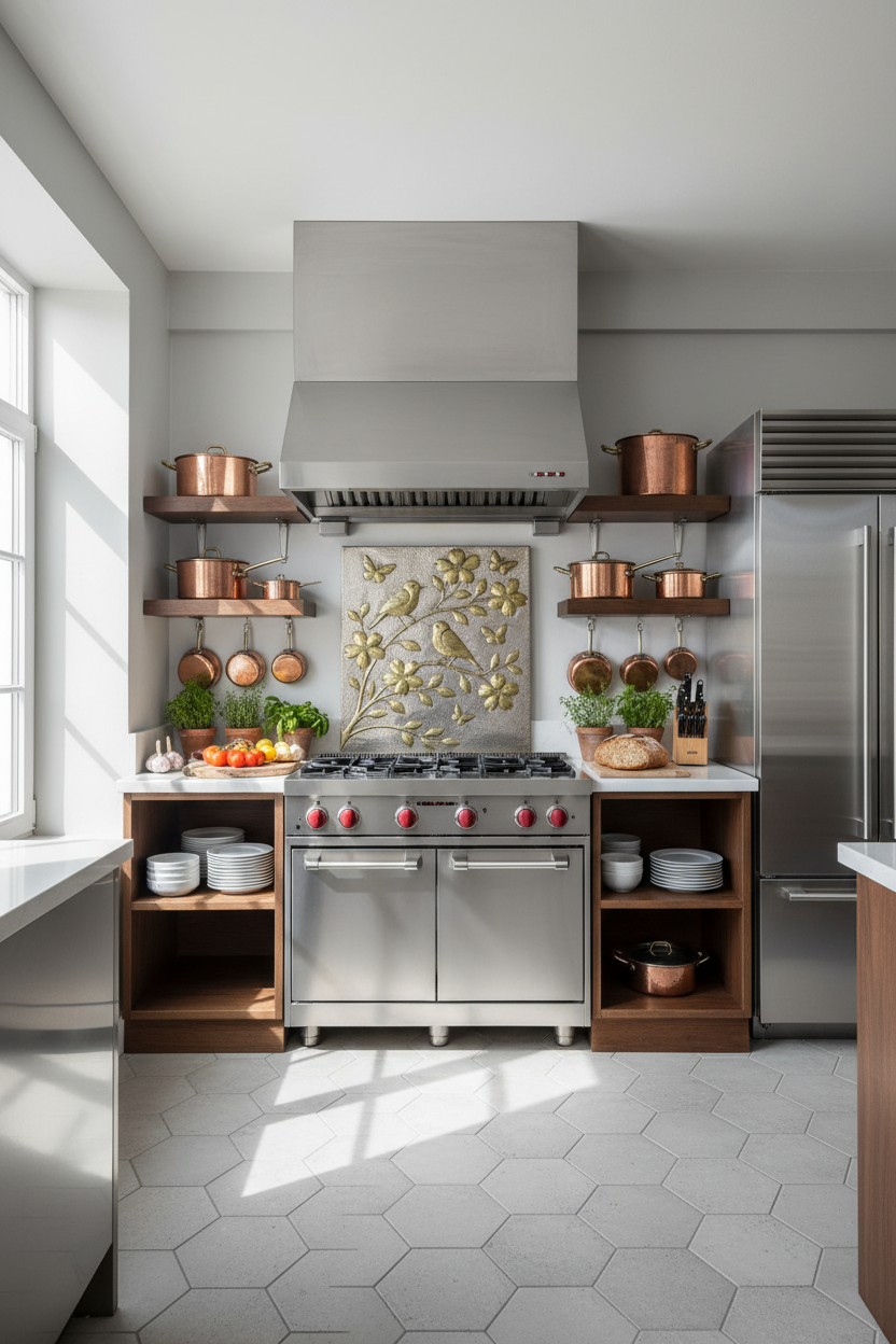 Professional chef kitchen with artisanal gold and silver metal backsplash and hand-hammered texture