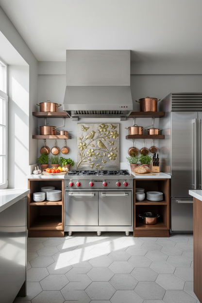 Professional chef kitchen with artisanal gold and silver metal backsplash and hand-hammered texture