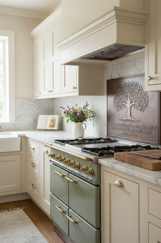 Proverbs 3:18 Tree of Life Copper Kitchen Backsplash in Cottage Farmhouse with Sage Green Range