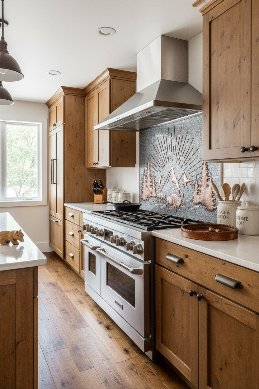 Rising Sun Copper Backsplash - lodge style kitchen