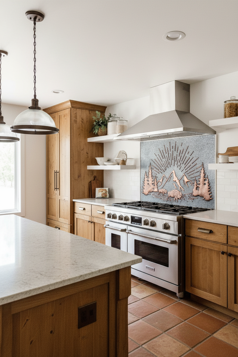 Rising Sun Copper Backsplash - rustic country kitchen