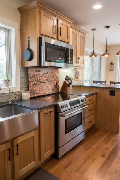 Rocky Mountains & Lake Landscape Backsplash - oversized cabin kitchen