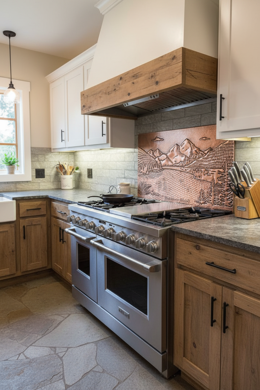 Rocky Mountains & Lake Landscape Backsplash - oversized lodge kitchen