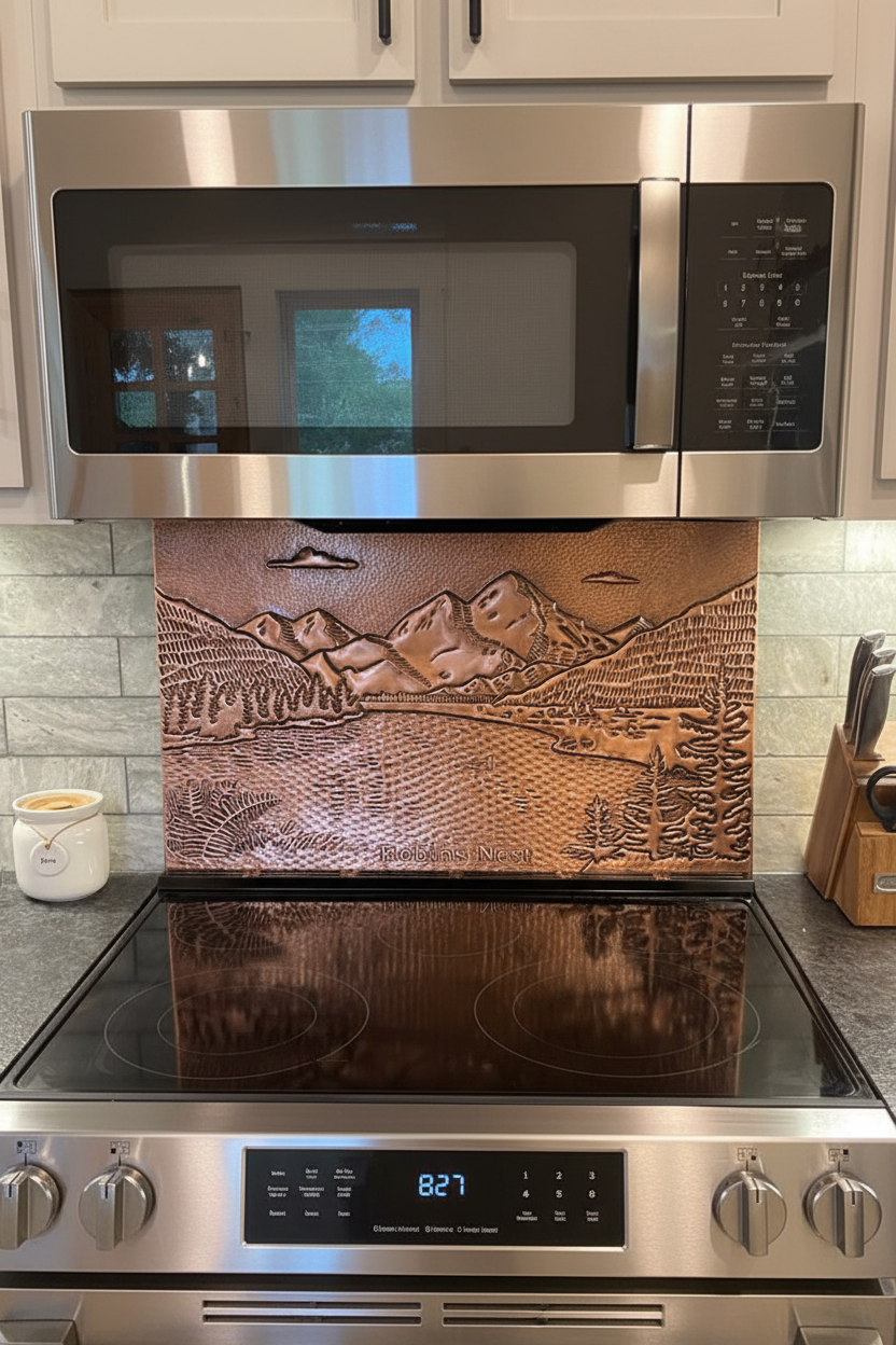 Rocky Mountains & Lake Landscape Copper Backsplash - oversized close-up