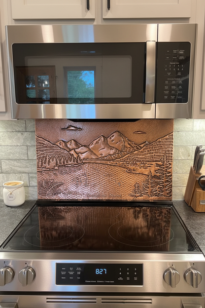 Rocky Mountains & Lake Landscape Copper Backsplash - oversized close-up
