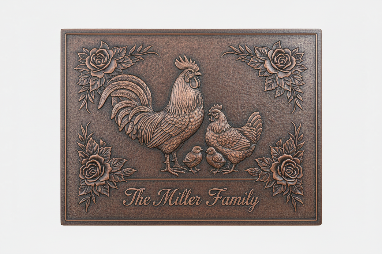 Rooster & Hen Family brown patina panel corrected