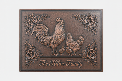 Rooster & Hen Family brown patina panel corrected