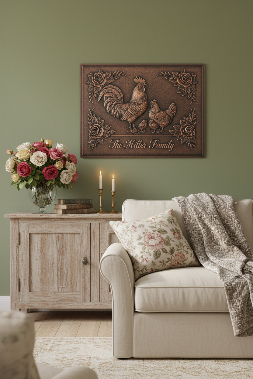 Rooster Hen - vintage farmhouse family room