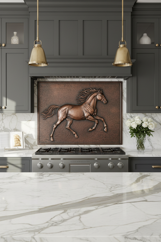Running Horse - stove backsplash much closer front