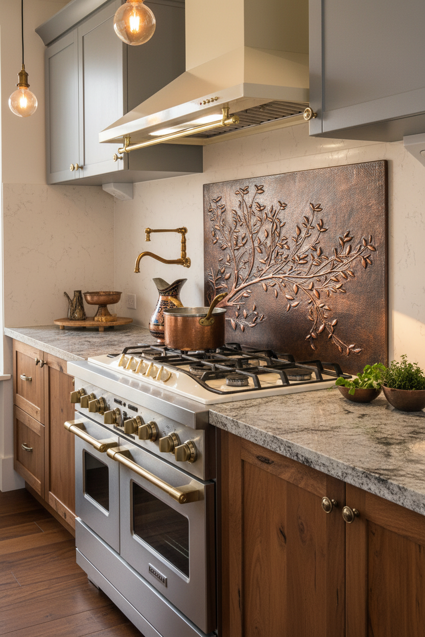Rustic Brown Copper Tree Branches Backsplash Extra Large Panel Filling Wall Behind Stove Handmade Kitchen Wall Art CLOSER Angled Left View Ultra Luxury Rustic Farmhouse Kitchen Stove Backsplash
