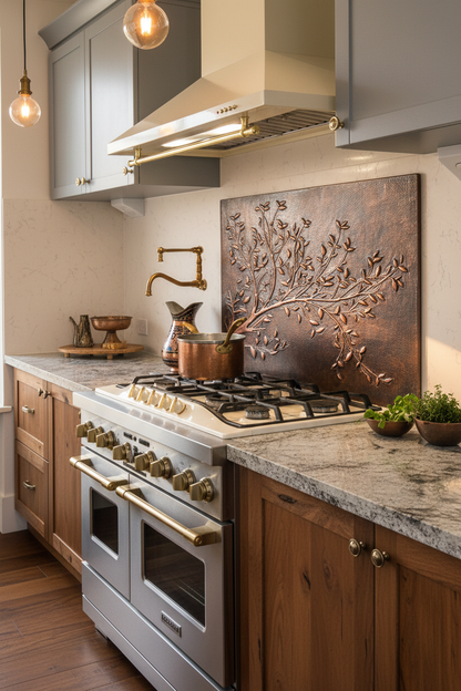 Rustic Brown Copper Tree Branches Backsplash Extra Large Panel Filling Wall Behind Stove Handmade Kitchen Wall Art CLOSER Angled Left View Ultra Luxury Rustic Farmhouse Kitchen Stove Backsplash