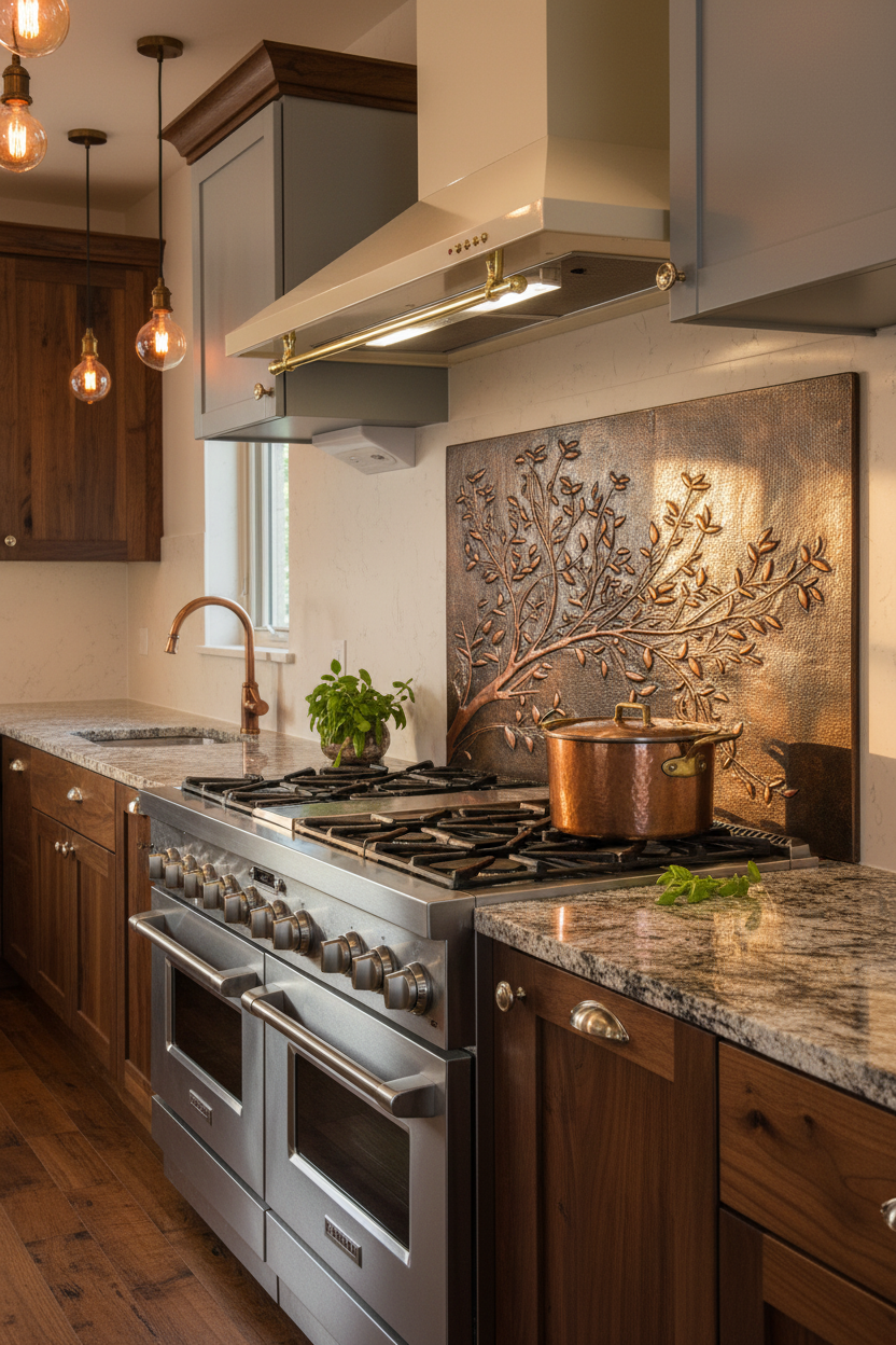 Rustic Brown Copper Tree Branches Backsplash Extra Large Panel Filling Wall Behind Stove Handmade Kitchen Wall Art CLOSER Angled Right View Ultra Luxury Rustic Farmhouse Kitchen Stove Backsplash