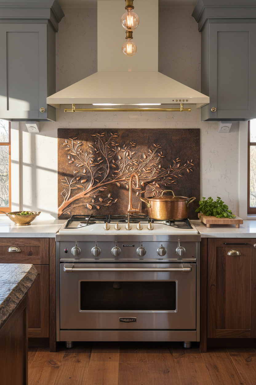 Rustic Brown Copper Tree Branches Backsplash Extra Large Panel Filling Wall Behind Stove Handmade Kitchen Wall Art CLOSER Front Direct View Ultra Luxury Rustic Farmhouse Kitchen Stove Backsplash