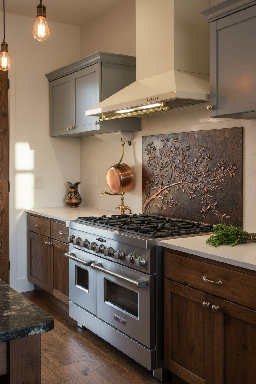 Rustic Brown Copper Tree Branches Backsplash Extra Large Panel Filling Wall Behind Stove Handmade Kitchen Wall Art CLOSER Slight Angled Right View Ultra Luxury Rustic Farmhouse Kitchen Stove Backsplash