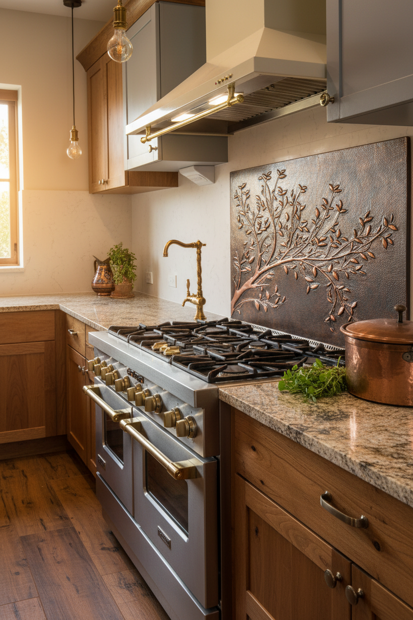 Rustic Brown Copper Tree Branches Backsplash Large Panel CLOSER Angled Left View Handmade Kitchen Wall Art Ultra Luxury Rustic Farmhouse Kitchen Stove Backsplash