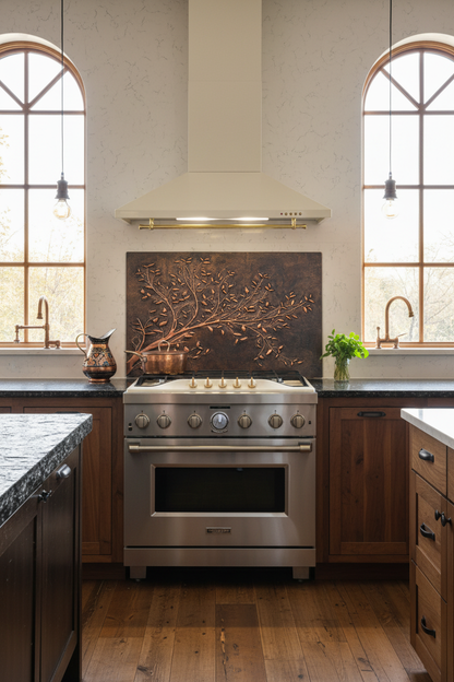 Rustic Brown Copper Tree Branches Backsplash Large Panel CLOSER Front Direct View Handmade Kitchen Wall Art Ultra Luxury Rustic Farmhouse Kitchen Stove Backsplash