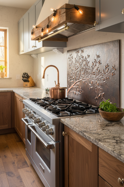 Rustic Brown Copper Tree Branches Backsplash Large Panel CLOSER Slight Angled Left View Handmade Kitchen Wall Art Ultra Luxury Rustic Farmhouse Kitchen Stove Backsplash