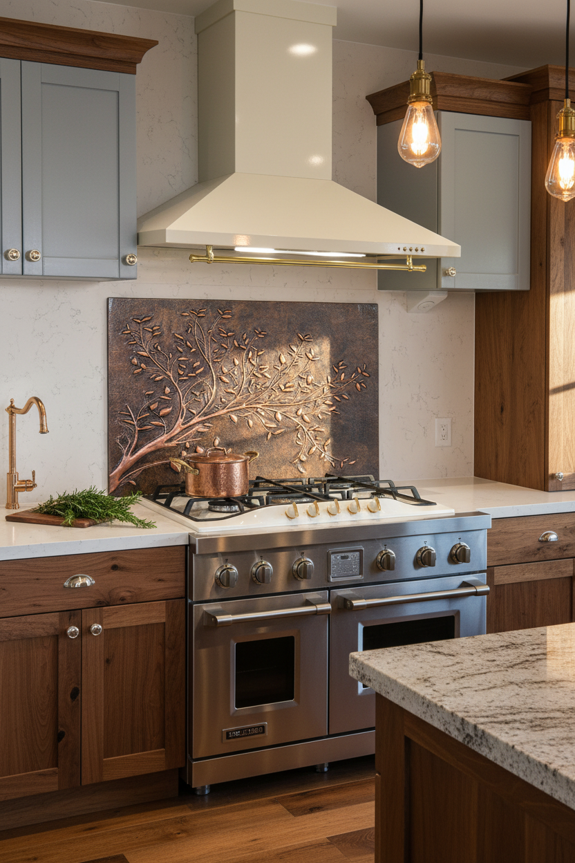 Rustic Brown Copper Tree Branches Backsplash Large Panel CLOSER Slight Angled Right View Handmade Kitchen Wall Art Ultra Luxury Rustic Farmhouse Kitchen Stove Backsplash