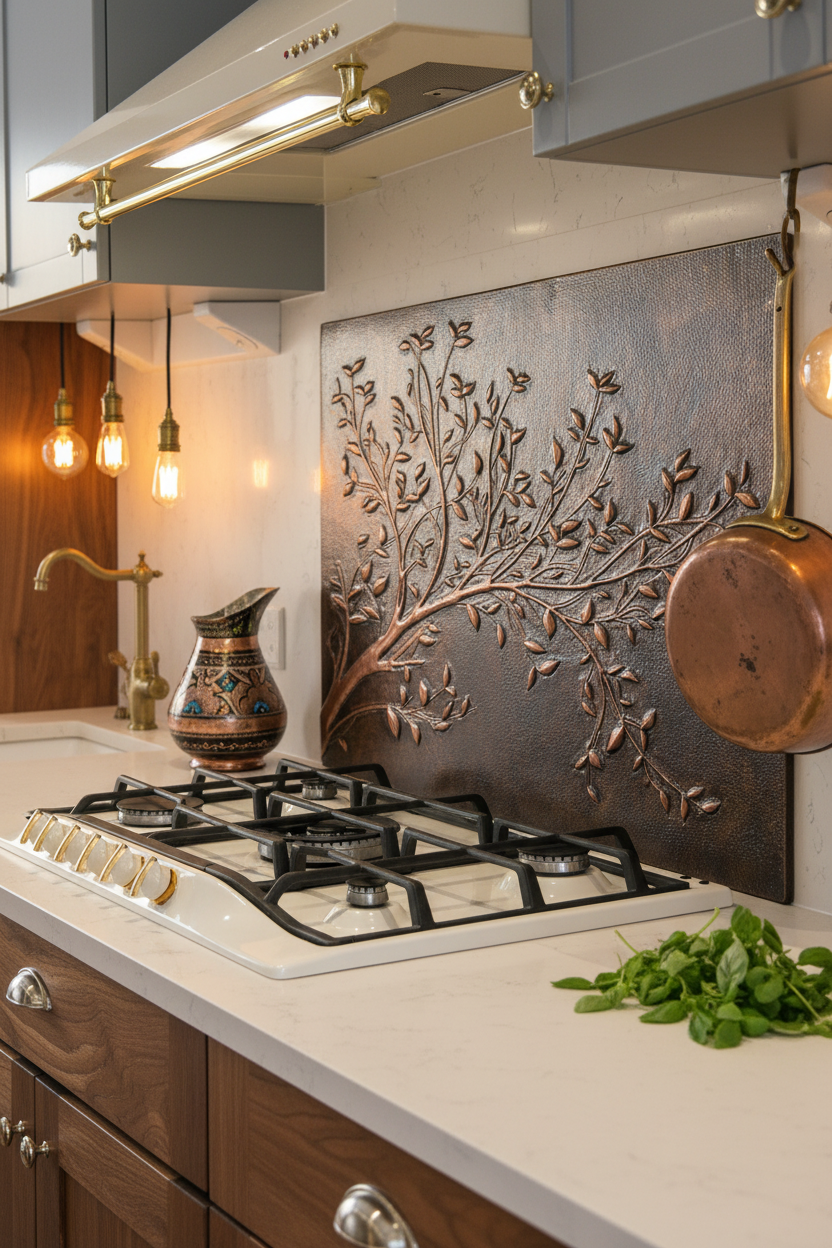 Rustic Brown Copper Tree Branches Backsplash Large Panel EVEN CLOSER Angled Left View Handmade Kitchen Wall Art Ultra Luxury Rustic Farmhouse Kitchen Stove Backsplash