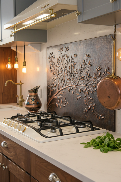 Rustic Brown Copper Tree Branches Backsplash Large Panel EVEN CLOSER Angled Left View Handmade Kitchen Wall Art Ultra Luxury Rustic Farmhouse Kitchen Stove Backsplash