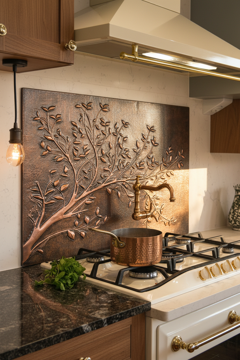 Rustic Brown Copper Tree Branches Backsplash Large Panel EVEN CLOSER Angled Right View Handmade Kitchen Wall Art Ultra Luxury Rustic Farmhouse Kitchen Stove Backsplash