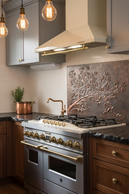 Rustic Brown Copper Tree Branches Backsplash Large Panel EVEN CLOSER Front Direct View Handmade Kitchen Wall Art Ultra Luxury Rustic Farmhouse Kitchen Stove Backsplash