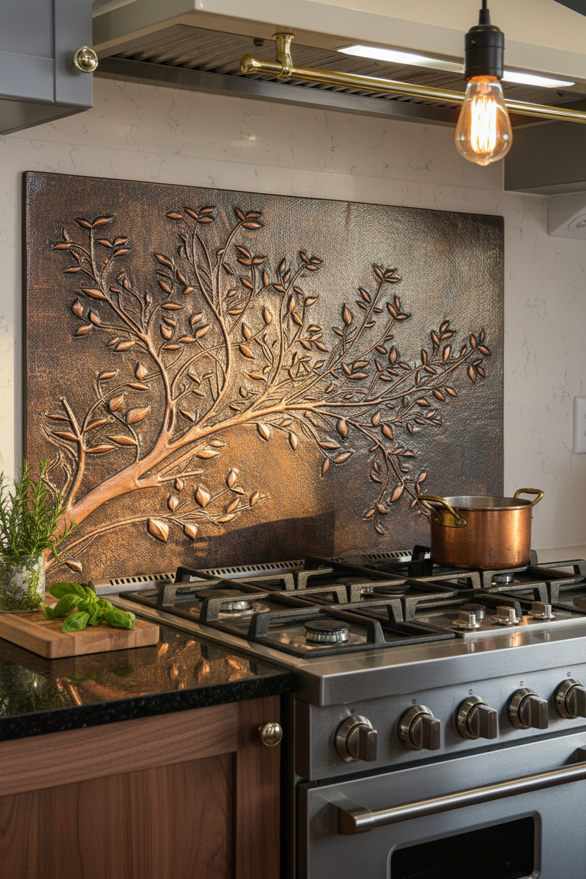 Rustic Brown Copper Tree Branches Backsplash Large Panel EVEN CLOSER Slight Angled Left View Handmade Kitchen Wall Art Ultra Luxury Rustic Farmhouse Kitchen Stove Backsplash