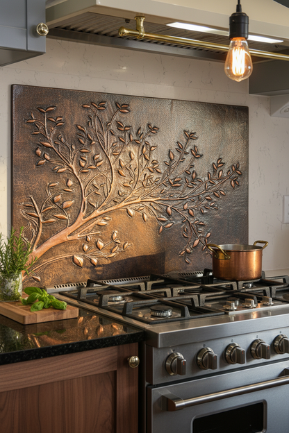 Rustic Brown Copper Tree Branches Backsplash Large Panel EVEN CLOSER Slight Angled Left View Handmade Kitchen Wall Art Ultra Luxury Rustic Farmhouse Kitchen Stove Backsplash