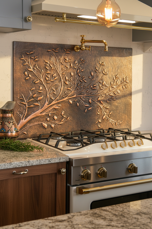 Rustic Brown Copper Tree Branches Backsplash Large Panel EVEN CLOSER Slight Angled Right View Handmade Kitchen Wall Art Ultra Luxury Rustic Farmhouse Kitchen Stove Backsplash