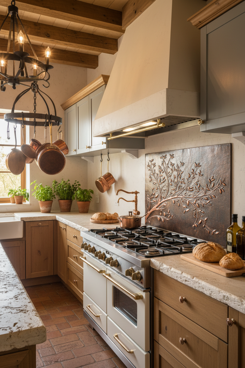 Rustic Brown Copper Tree Branches Backsplash Large Panel Tuscan Kitchen Handmade Kitchen Wall Art Angled Left View Ultra Luxury Stove Backsplash