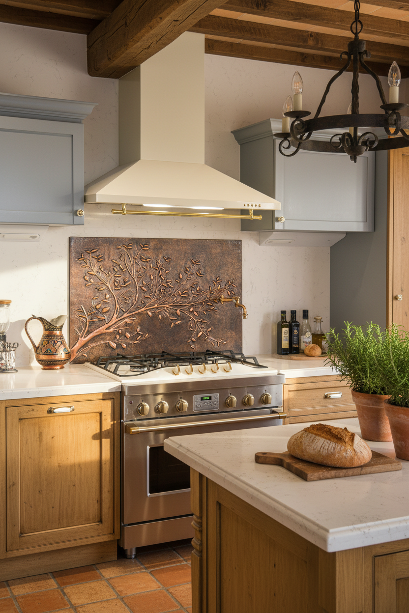 Rustic Brown Copper Tree Branches Backsplash Large Panel Tuscan Kitchen Handmade Kitchen Wall Art Slight Angled Right View Ultra Luxury Stove Backsplash