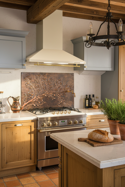 Rustic Brown Copper Tree Branches Backsplash Large Panel Tuscan Kitchen Handmade Kitchen Wall Art Slight Angled Right View Ultra Luxury Stove Backsplash