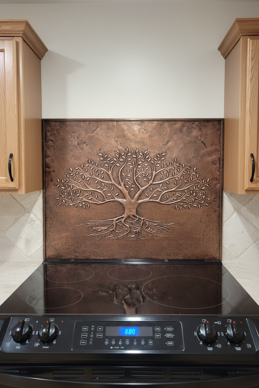 Rustic Brown Tree With Roots Copper Backsplash - close-up front view