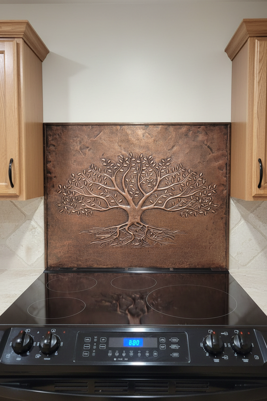 Rustic Brown Tree With Roots Copper Backsplash - close-up front view