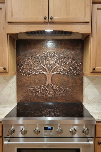 Rustic Brown Tree With Roots Copper Backsplash - oversized close-up