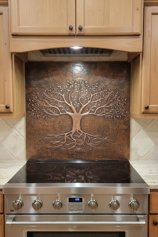 Rustic Brown Tree With Roots Copper Backsplash - oversized close-up