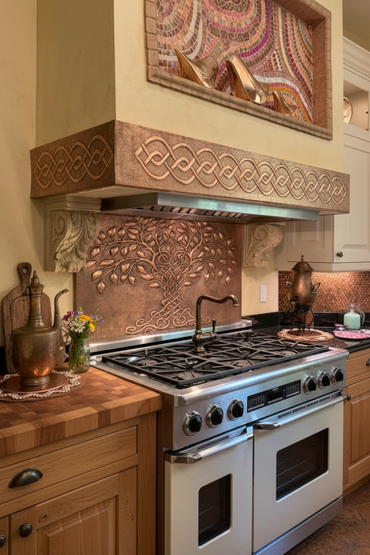 Rustic Copper Range Hood Panels 3-Piece Set in Farmhouse Kitchen with Wood Cabinets