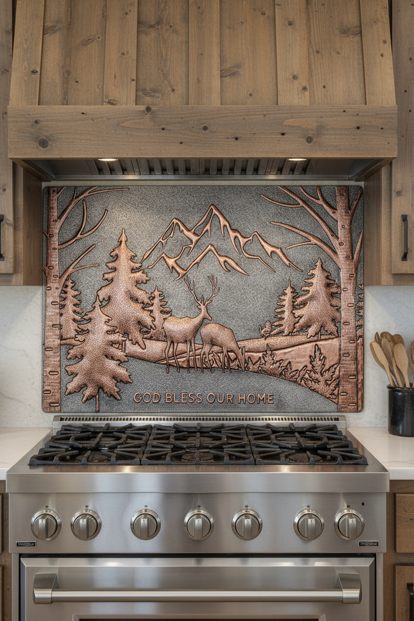 Mountain Pines & Deer Copper Backsplash | Silver–Copper – Natuross