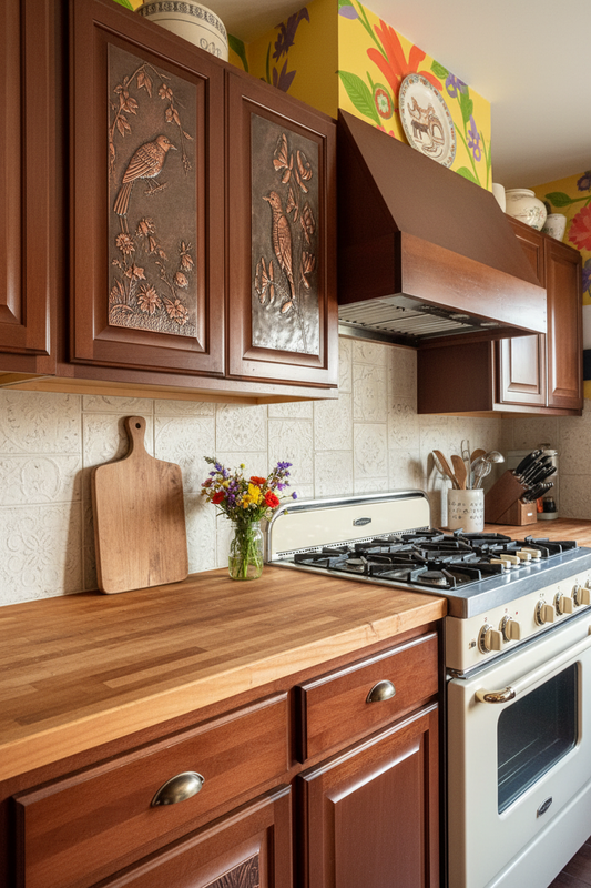 Rustic Farmhouse Copper Cabinet Door Inserts with Wood Cabinets and Butcher Block Countertops