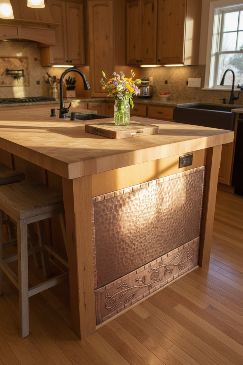 Rustic Farmhouse Copper Kitchen Island Panel with Wood Cabinets and Butcher Block Countertops