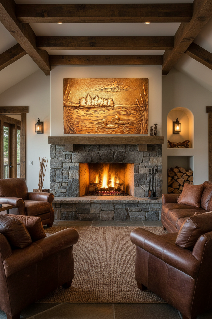 Rustic living room with natural copper lake scene wall art featuring ducks and forest in raised relief with golden-orange metallic finish