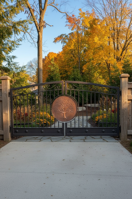 Rustic Tree of Life Copper Medallion on Natural Wood Fence Gate with Wildflowers