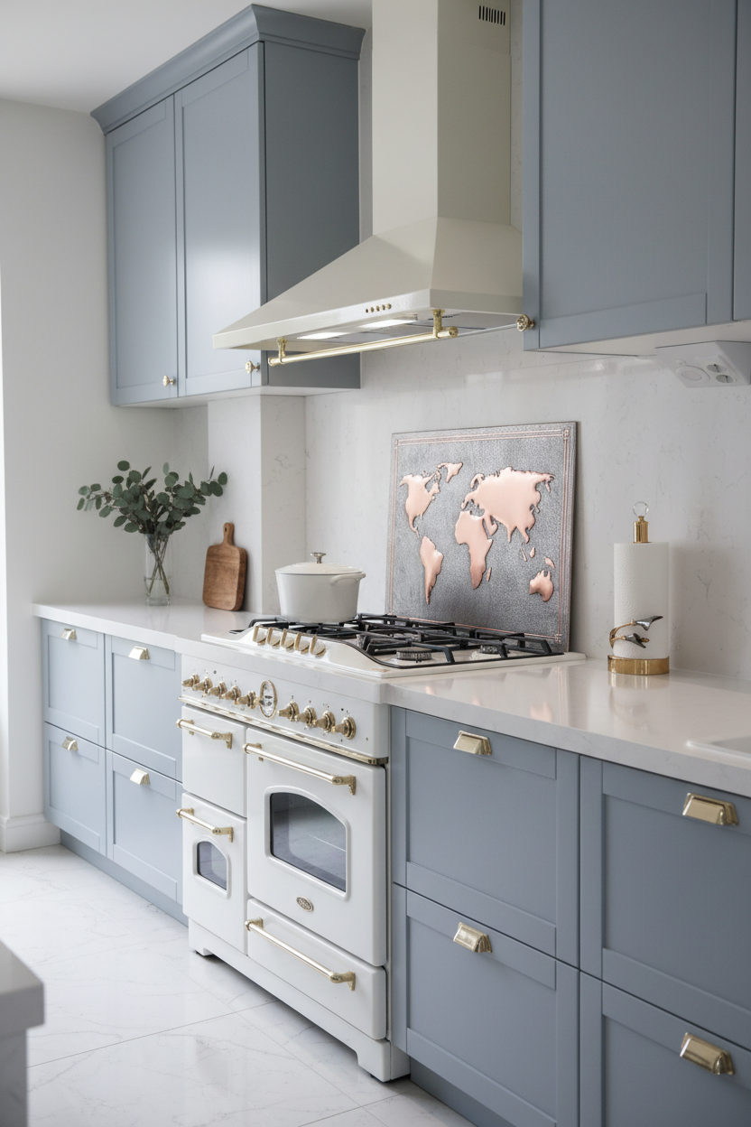 Scandinavian Modern World Map Gray & Copper Backsplash with White Cabinets